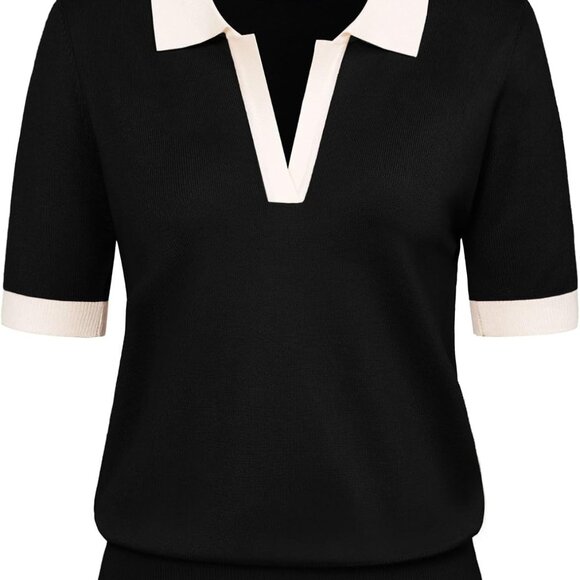 Women Short Sleeve Polo Sweater V Neck Knitted Tops Casual Ribbed Shirt Loose Pu - Picture 1 of 8